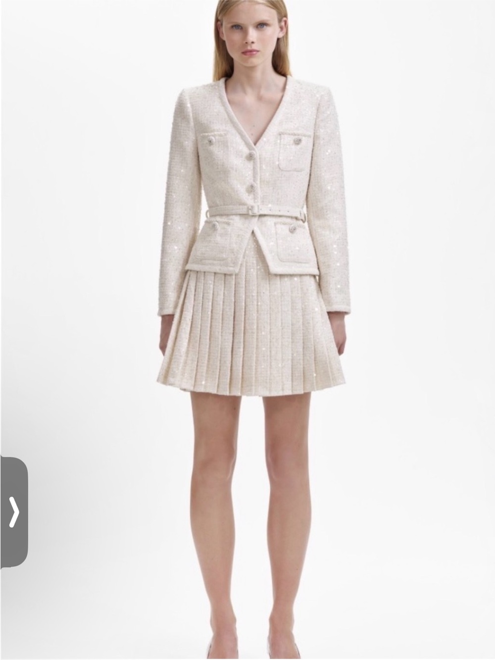 Self-Portrait Cream Sequin Tweed Belted Jacket
